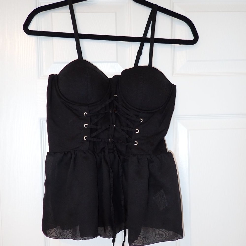 Gothic peplum bustier top with lace-up details
